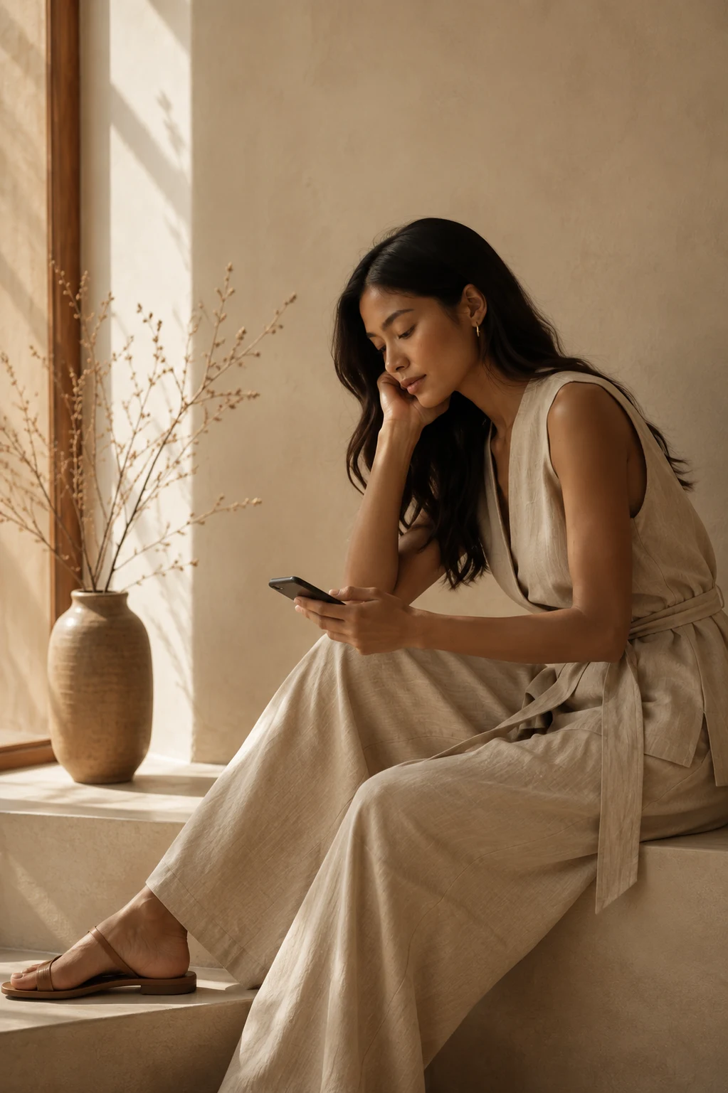 Woman posing in minimalist beige clothing with soft lighting